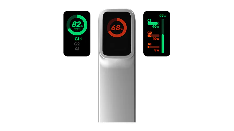 Front view of the power bank, highlighting its digital screen with battery percentage and charging status Front view of the power bank, highlighting its digital screen with battery percentage and charging status