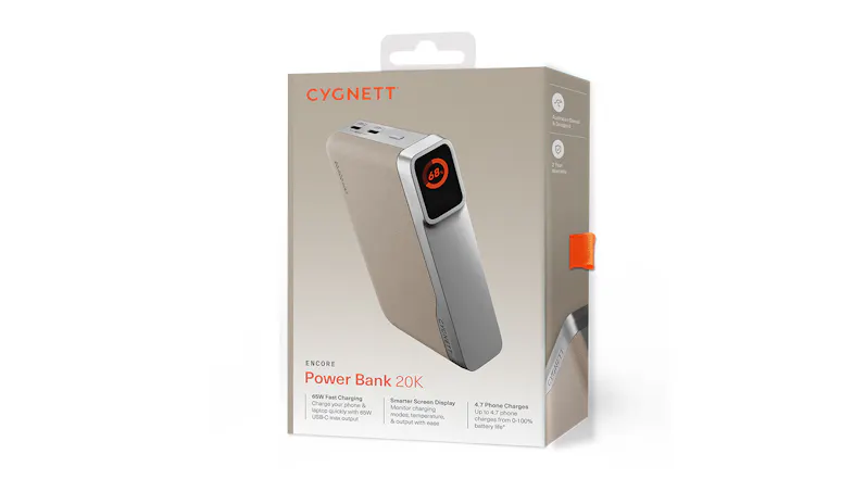 Cygnett Encore Power Bank 20K retail box highlighting 65W fast charging and smart screen Cygnett Encore Power Bank 20K retail box highlighting 65W fast charging and smart screen
