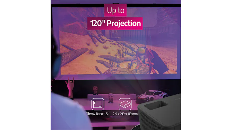 Projector casting a desert game scene above a toy-filled shelf Projector casting a desert game scene above a toy-filled shelf