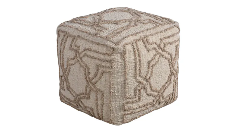 Beige cube pouf with an abstract raised pattern and woven texture Beige cube pouf with an abstract raised pattern and woven texture