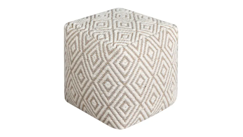 Beige cube pouf with a diamond pattern and woven texture Beige cube pouf with a diamond pattern and woven texture