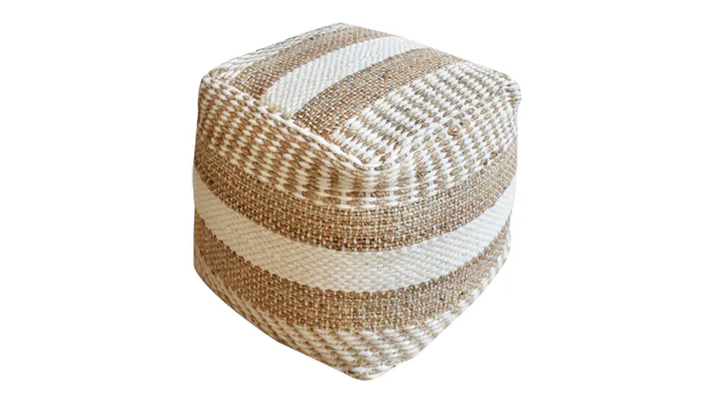 Beige and white striped fabric pouf with alternating stripe patterns and soft texture Beige and white striped fabric pouf with alternating stripe patterns and soft texture