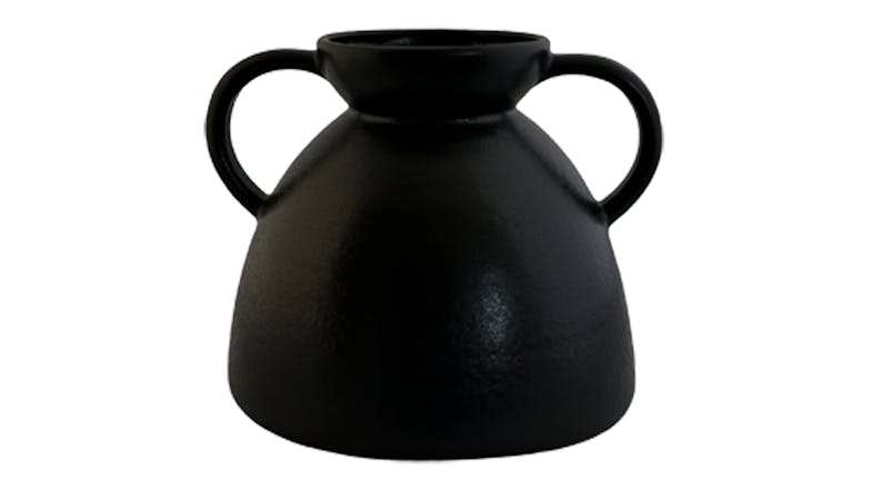 Black ceramic vase with two handles, wide rounded base, and narrow top opening Black ceramic vase with two handles, wide rounded base, and narrow top opening