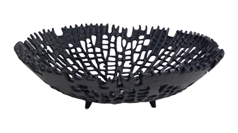 Black decorative bowl with an open-weave design and intricate artistic pattern Black decorative bowl with an open-weave design and intricate artistic pattern