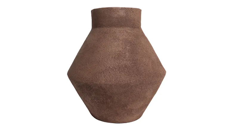 Brown geometric vase with a wide body and narrow neck in a modern sculptural design Brown geometric vase with a wide body and narrow neck in a modern sculptural design