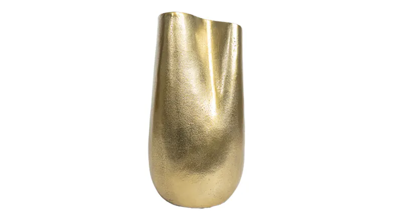 Tall gold metallic vase with a textured surface and asymmetrical indented top Tall gold metallic vase with a textured surface and asymmetrical indented top