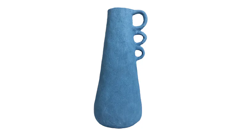 Blue textured conical vase with three circular side handles on the right Blue textured conical vase with three circular side handles on the right