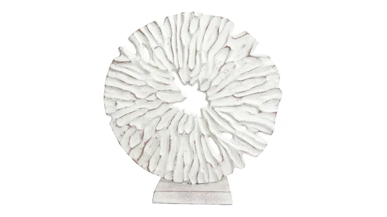 Abstract white sculpture with coral-like concentric patterns mounted on a stand Abstract white sculpture with coral-like concentric patterns mounted on a stand