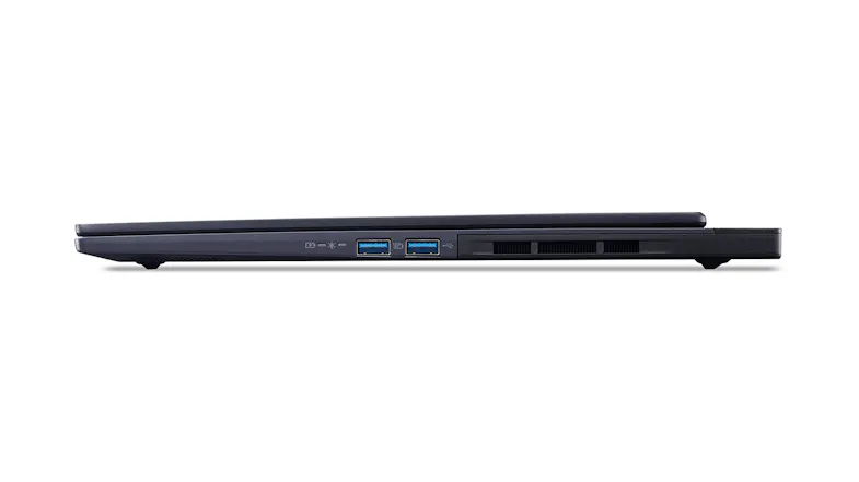 Left side view of a closed Acer Laptop showing a slim profile with two USB ports Left side view of a closed Acer Laptop showing a slim profile with two USB ports
