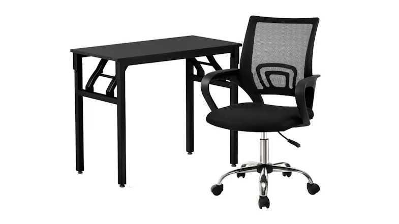 Black folding desk with steel frame and black mesh ergonomic office chair on chrome base with wheels Black folding desk with steel frame and black mesh ergonomic office chair on chrome base with wheels