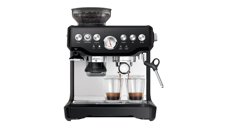 Breville the Barista Express Machine in Black Truffle finish, producing a double-shot of espresso Breville the Barista Express Machine in Black Truffle finish, producing a double-shot of espresso