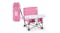 Pink portable baby booster seat with tray and safety straps, shown with matching carry bag labelled “Bright Starts” Pink portable baby booster seat with tray and safety straps, shown with matching carry bag labelled “Bright Starts”