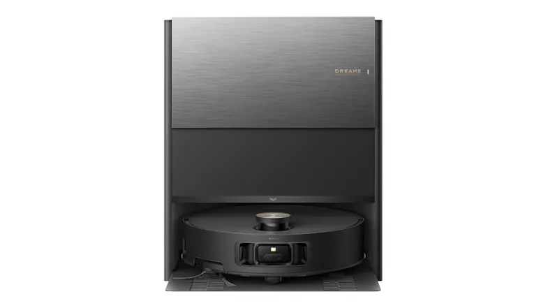Front view of the Dreame Aqua10 Roller and its docking station, highlighting the vacuum’s sensors Front view of the Dreame Aqua10 Roller and its docking station, highlighting the vacuum’s sensors