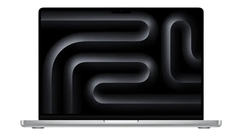 Front view of the Apple MacBook Pro M5 Chip with a screen displaying an abstract dark wallpaper Front view of the Apple MacBook Pro M5 Chip with a screen displaying an abstract dark wallpaper