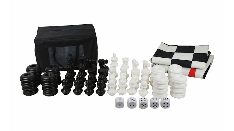 Black and white chess, checkers, and backgammon pieces with dice, folded boards, and a storage bag Black and white chess, checkers, and backgammon pieces with dice, folded boards, and a storage bag