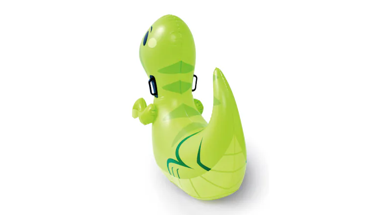 Rear view of green inflatable dinosaur-shaped hopper toy with two black handles and tail Rear view of green inflatable dinosaur-shaped hopper toy with two black handles and tail