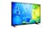 Side angled view of a black television with a colourful blue and green display Side angled view of a black television with a colourful blue and green display
