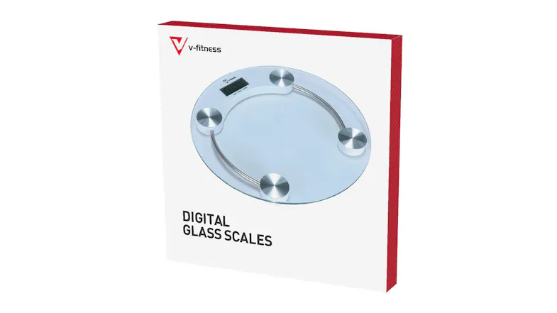 A white box packaging of the Laser V-Fitness Bathroom Digital Scales A white box packaging of the Laser V-Fitness Bathroom Digital Scales