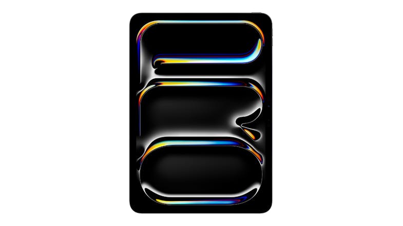 Front view of the 11-inch iPad Pro in Space Black finish, displaying glowing rounded lines wallpaper Front view of the 11-inch iPad Pro in Space Black finish, displaying glowing rounded lines wallpaper