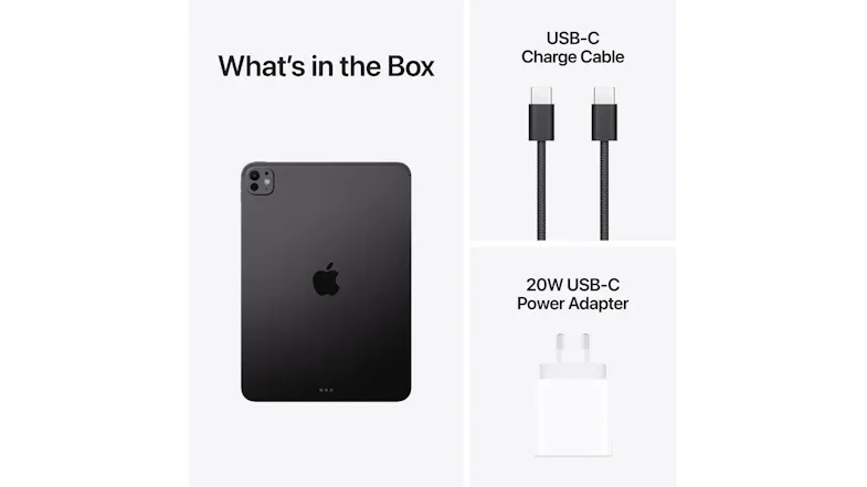 An overview of the packaging’s contents: 11-inch iPad Pro, 20W USB-C Power Adapter, and USB-C Charge Cable An overview of the packaging’s contents: 11-inch iPad Pro, 20W USB-C Power Adapter, and USB-C Charge Cable