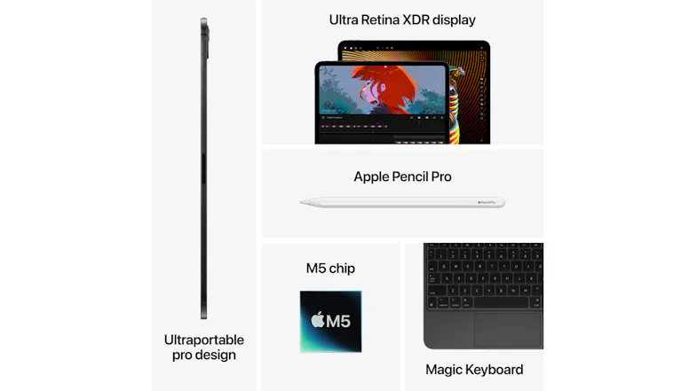 Feature collage of the iPad Pro 13”, showcasing Ultra Retina XDR display, M5 chip, Magic Keyboard, and Apple Pencil Pro Feature collage of the iPad Pro 13”, showcasing Ultra Retina XDR display, M5 chip, Magic Keyboard, and Apple Pencil Pro