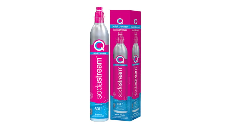 SodaStream Quick Connect Gas Cylinder Bottle 60L gas cylinder next to its box with pink and blue accents SodaStream Quick Connect Gas Cylinder Bottle 60L gas cylinder next to its box with pink and blue accents