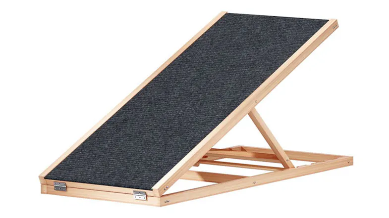 A left-angled shot of a foldable pet ramp A left-angled shot of a foldable pet ramp