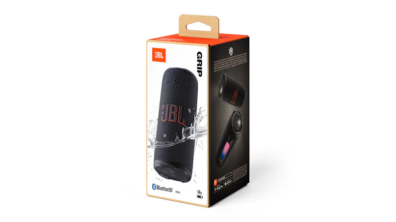 A box packaging for the JBL Grip Portable Bluetooth Speaker A box packaging for the JBL Grip Portable Bluetooth Speaker