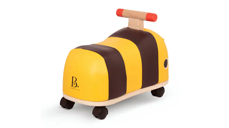Back of the bee-themed ride-on toy with handle and wheels Back of the bee-themed ride-on toy with handle and wheels
