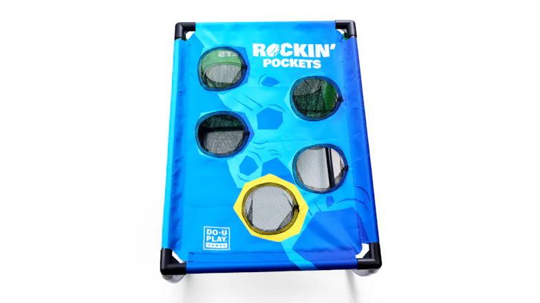 Blue Rockin’ Pockets game board with five net holes and a yellow accent, designed for bean bag toss play Blue Rockin’ Pockets game board with five net holes and a yellow accent, designed for bean bag toss play