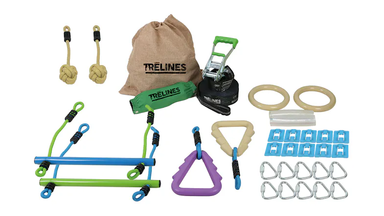Trelines Ninja Adventure kit showing grips, rings, ladder, and slacklines Trelines Ninja Adventure kit showing grips, rings, ladder, and slacklines