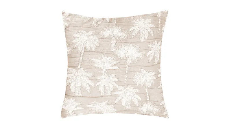 Byron Bay Natural European Pillowcase by L'Avenue, close up of reverse side with soft light brown background and cream palm trees Byron Bay Natural European Pillowcase by L'Avenue, close up of reverse side with soft light brown background and cream palm trees