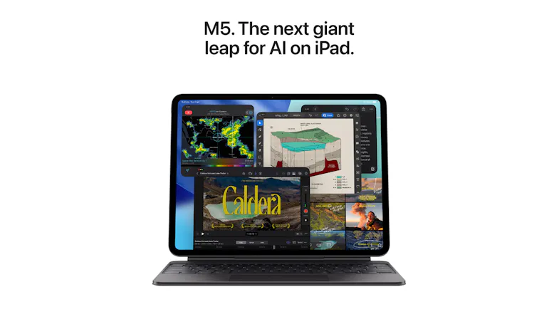 iPad Pro 13 on a keyboard stand with multiple apps open and text reading “M5. The next giant leap for AI on iPad.” iPad Pro 13 on a keyboard stand with multiple apps open and text reading “M5. The next giant leap for AI on iPad.”