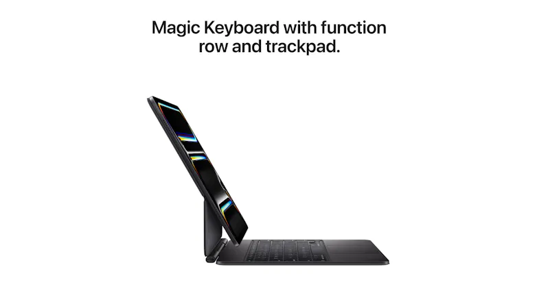 Side profile of iPad Pro attached to Magic Keyboard, showing function row and trackpad Side profile of iPad Pro attached to Magic Keyboard, showing function row and trackpad
