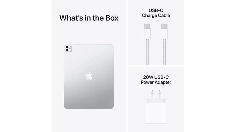 Box contents of the iPad Pro in Silver, including USB-C charge cable, 20W power adapter Box contents of the iPad Pro in Silver, including USB-C charge cable, 20W power adapter