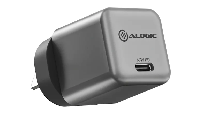 An Alogic Rapid Power Micro 30W USB-C GaN Wall Charger in space grey finish An Alogic Rapid Power Micro 30W USB-C GaN Wall Charger in space grey finish