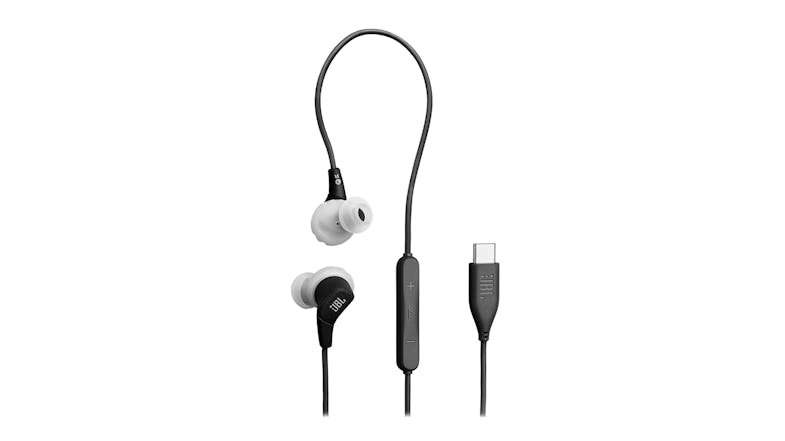 A JBL Endurance Run 3 USB-C Wired In-Ear Headphones in sleek black A JBL Endurance Run 3 USB-C Wired In-Ear Headphones in sleek black