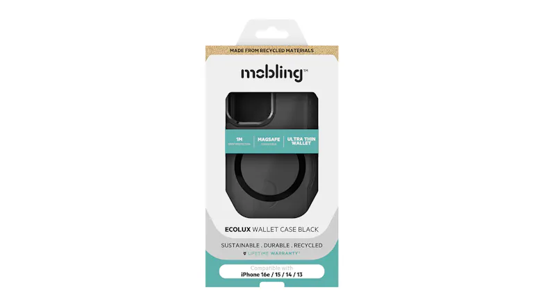 A retail packaging of the Mobling Wallet Magsafe Case for iPhone 16e/15/14/13 A retail packaging of the Mobling Wallet Magsafe Case for iPhone 16e/15/14/13