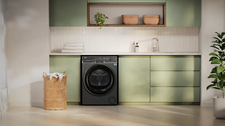 Haier Heat Pump Condenser Smart Dryer in a modern kitchen setting Haier Heat Pump Condenser Smart Dryer in a modern kitchen setting