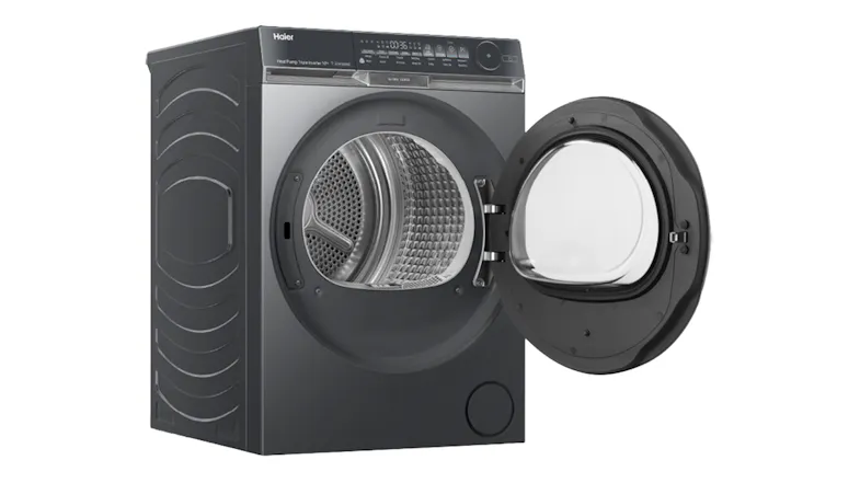 Right side view of the Haier 10kg Dryer, showing stainless steel drum Right side view of the Haier 10kg Dryer, showing stainless steel drum