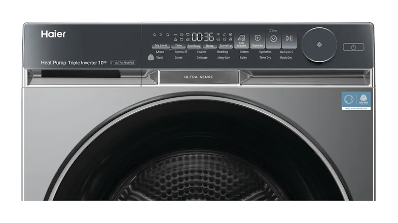 Close-up view of the Haier Smart Dryer with a minimalist design Close-up view of the Haier Smart Dryer with a minimalist design