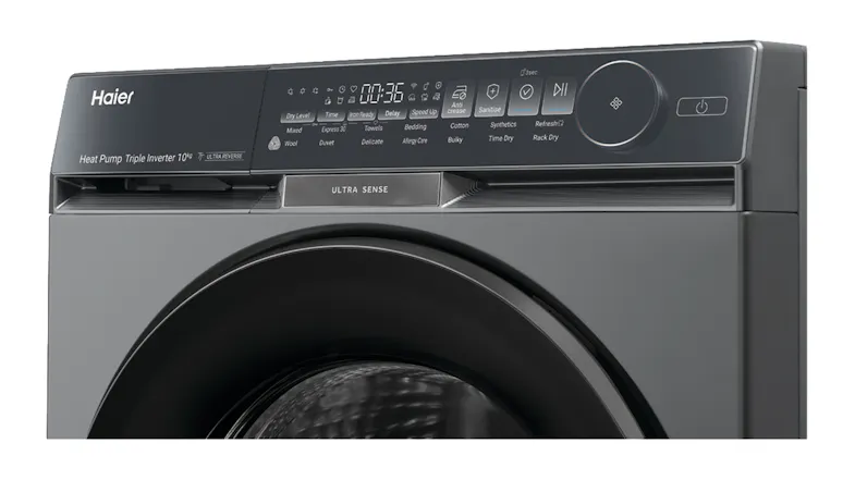 Close-up view of the Haier Smart Dryer with a sleek control panel Close-up view of the Haier Smart Dryer with a sleek control panel