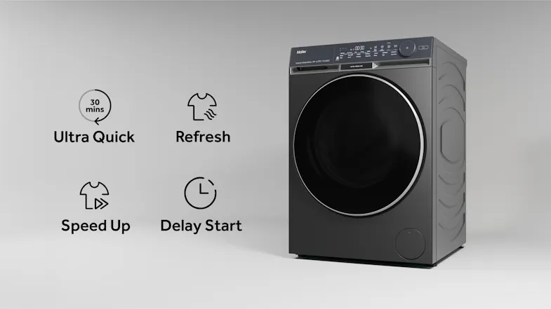 Haier washing machine with Ultra Quick, Refresh, Speed Up, and Delay Start icons Haier washing machine with Ultra Quick, Refresh, Speed Up, and Delay Start icons