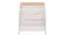 Angled view of the white Kinderfeets Sling Soft Bookshelf with four fabric shelves and a wooden top Angled view of the white Kinderfeets Sling Soft Bookshelf with four fabric shelves and a wooden top
