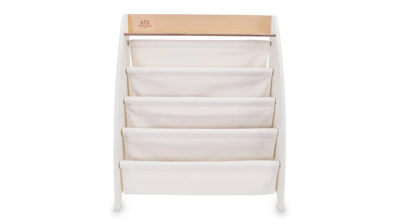 Angled view of the white Kinderfeets Sling Soft Bookshelf with four fabric shelves and a wooden top Angled view of the white Kinderfeets Sling Soft Bookshelf with four fabric shelves and a wooden top
