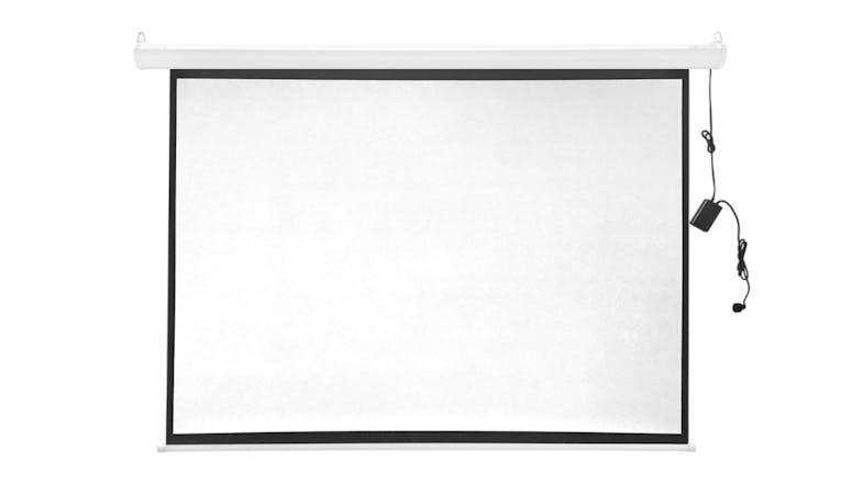 White electric projector screen with a black border and a hanging cord White electric projector screen with a black border and a hanging cord