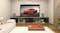 Living room with a projector screen displaying a red sports car above a media console Living room with a projector screen displaying a red sports car above a media console