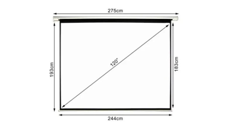 Projection screen with dimensions labelled: 275cm width, 193cm height, 120-inch diagonal Projection screen with dimensions labelled: 275cm width, 193cm height, 120-inch diagonal