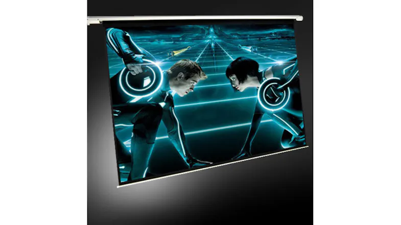 Projector screen displaying a sci-fi movie scene with vibrant blue grid background Projector screen displaying a sci-fi movie scene with vibrant blue grid background