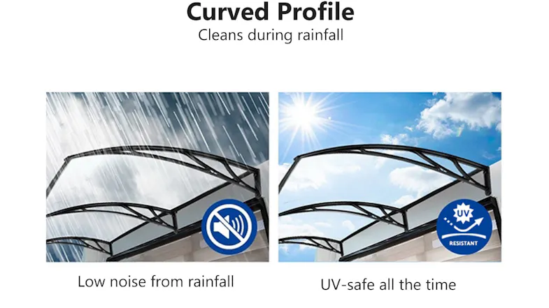 Awning in rain and sun, highlighting low noise during rainfall and UV resistance Awning in rain and sun, highlighting low noise during rainfall and UV resistance